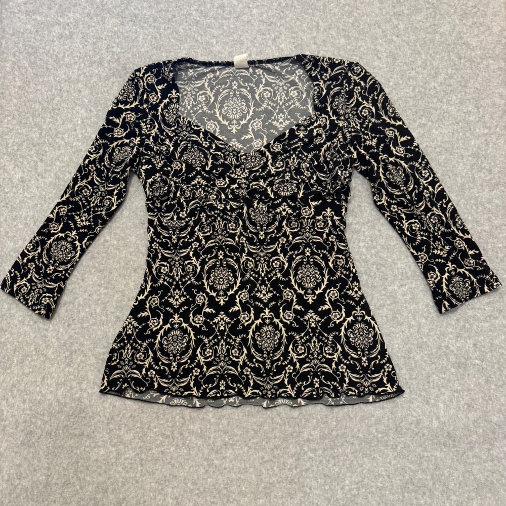 Y2K Black Cream Damask Ruched Sweetheart Neck 3/4 Sleeve Top‎ Back Tie Blouse L
